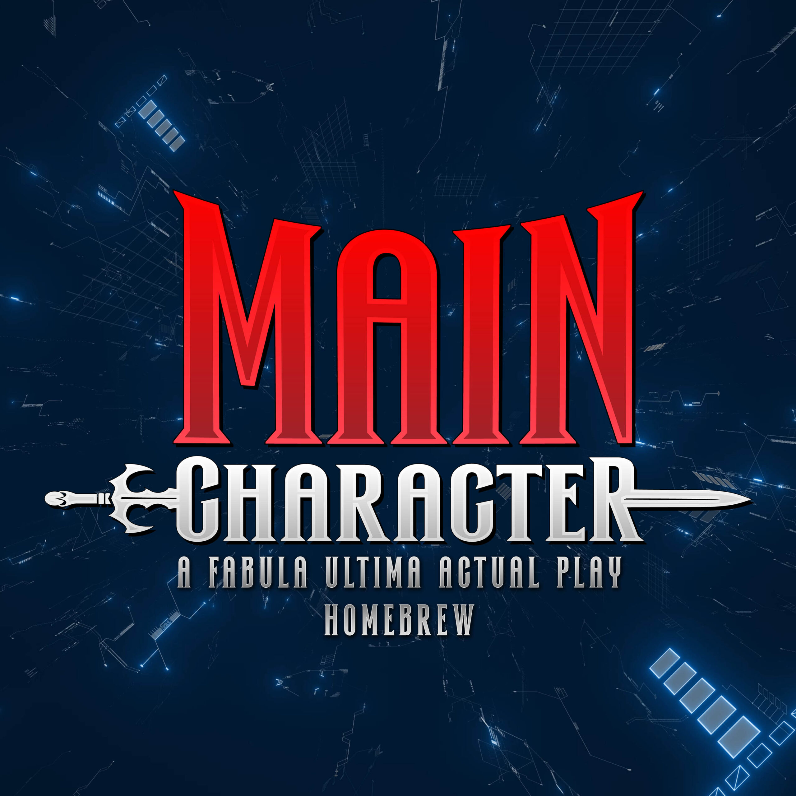 Main Character Logo, Red text for 'Main' on top, Silver Gradient Text for 'Character' underneath with a sword going through.